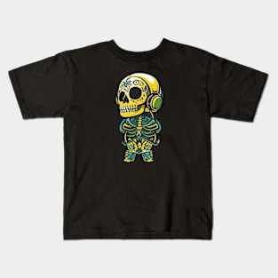 Melodic Bones: Sugar Skull Art - Skeleton Listening to Headphones Kids T-Shirt